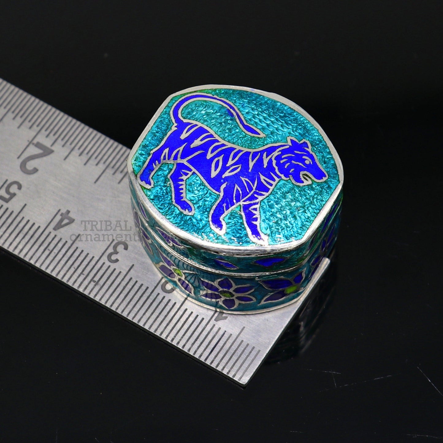 925 sterling silver trinket box, kajal box/casket box brides collection, lion enamel design container box, eyeliner box gifting stb366 - TRIBAL ORNAMENTS