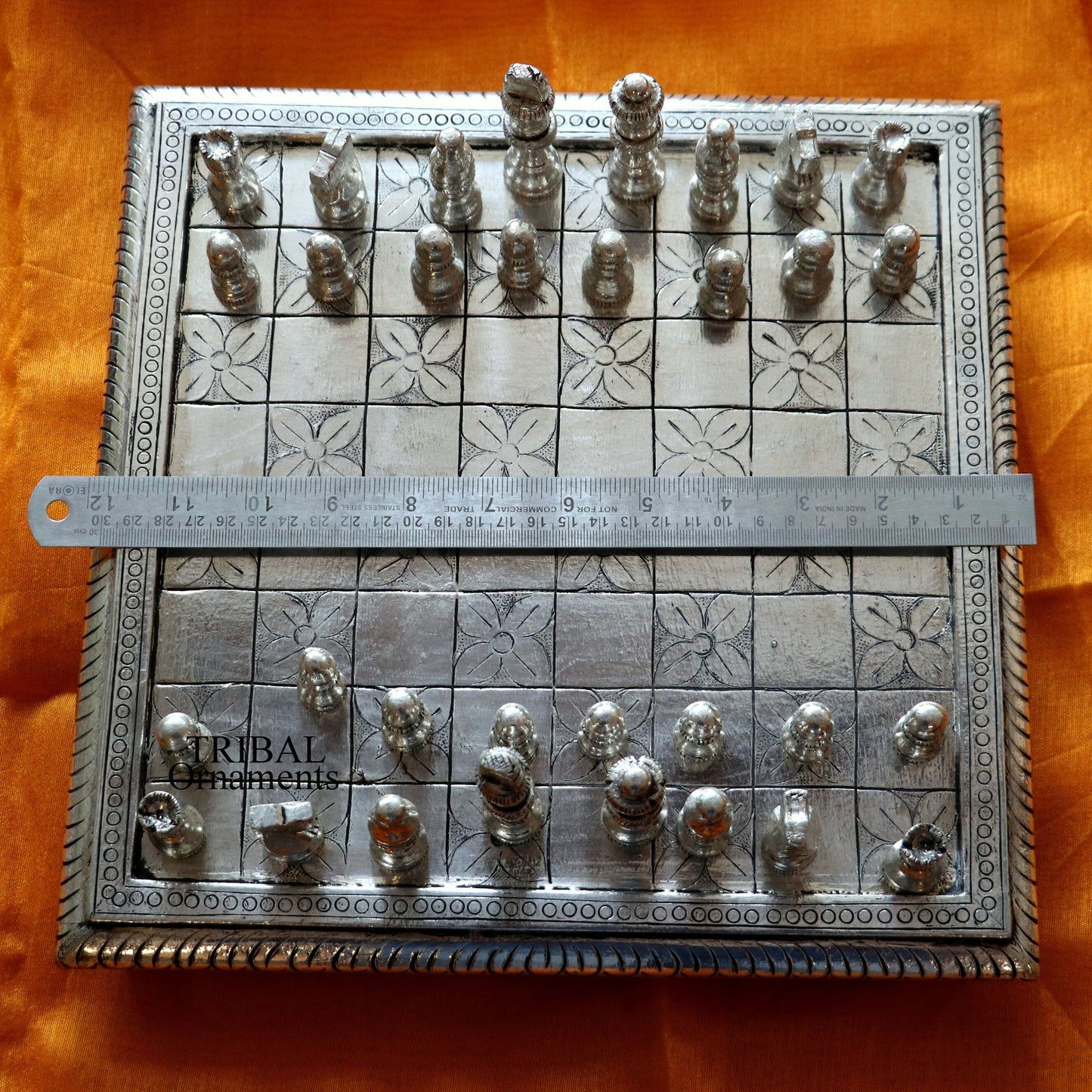 12" x 12" 925 sterling silver chessboard, Amazing customized handcrafted design on wooden base, Amazing Royal silver gift article india sf10 - TRIBAL ORNAMENTS