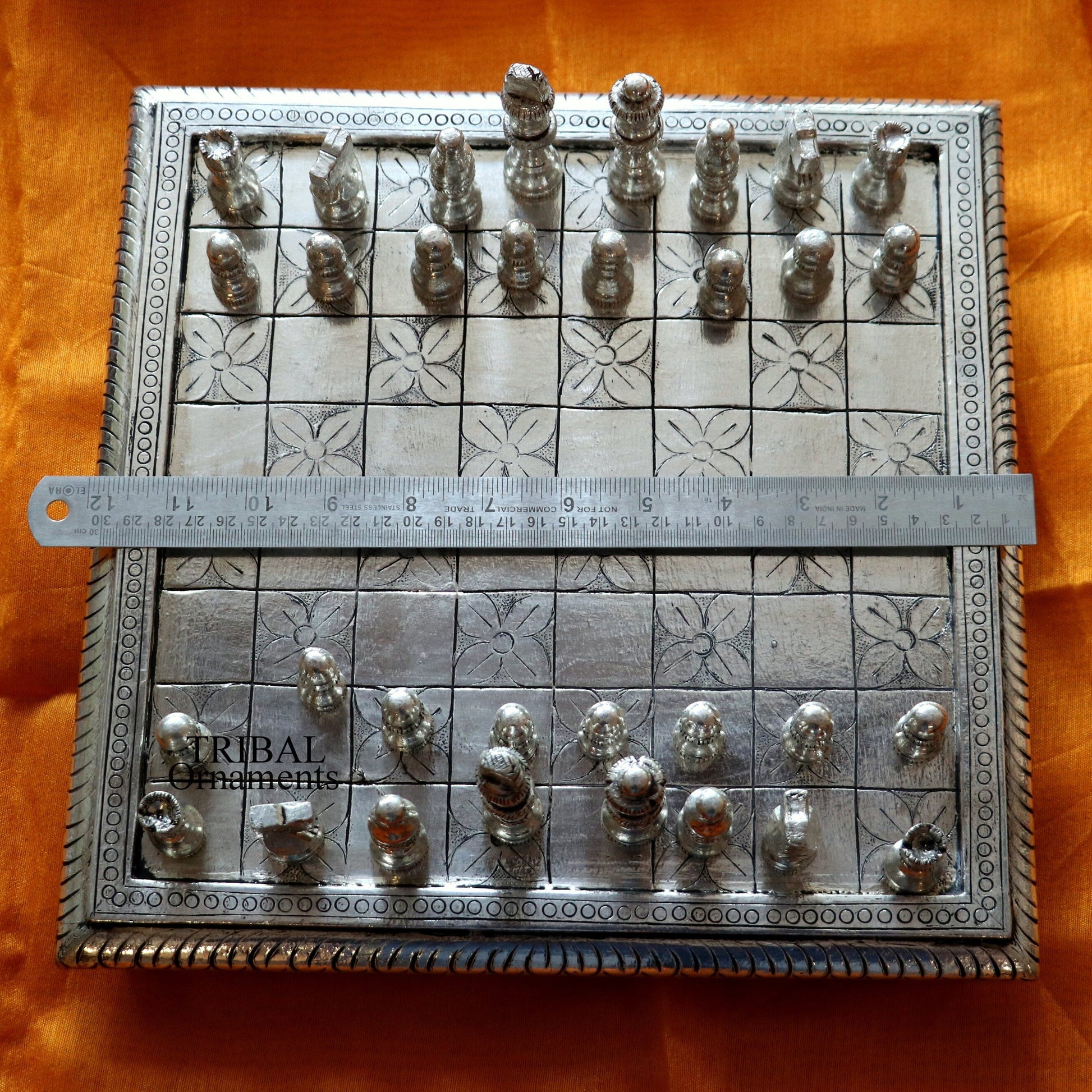 12" x 12" 925 sterling silver chessboard, Amazing customized handcrafted design on wooden base, Amazing Royal silver gift article india sf10 - TRIBAL ORNAMENTS