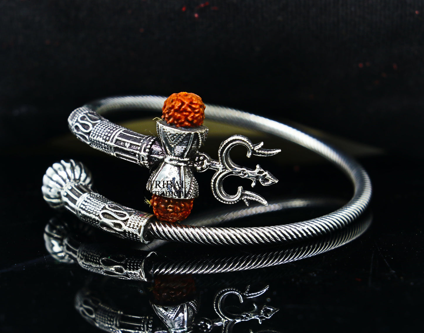 925 sterling silver Lord shiva trident trishool kada bangle bracelet with fabulous natural rudraksha antique jewelry nsk485 - TRIBAL ORNAMENTS