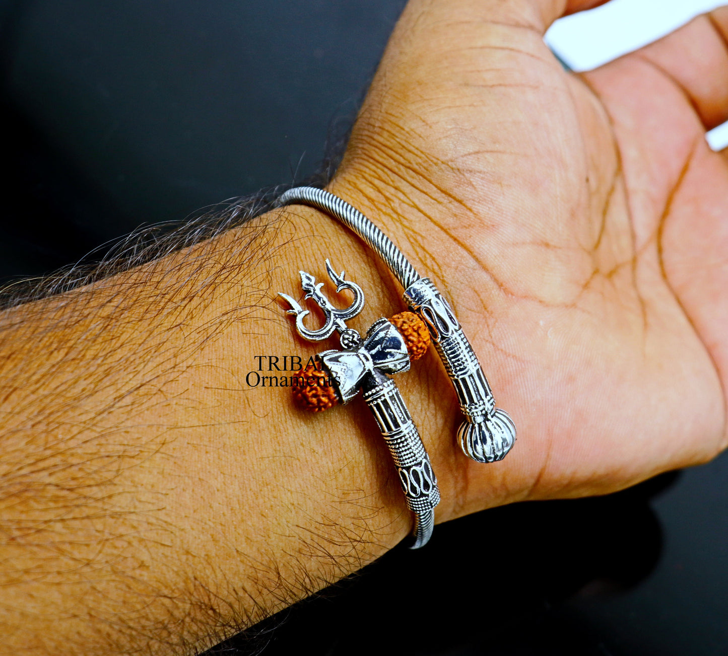 925 sterling silver Lord shiva trident trishool kada bangle bracelet with fabulous natural rudraksha antique jewelry nsk485 - TRIBAL ORNAMENTS