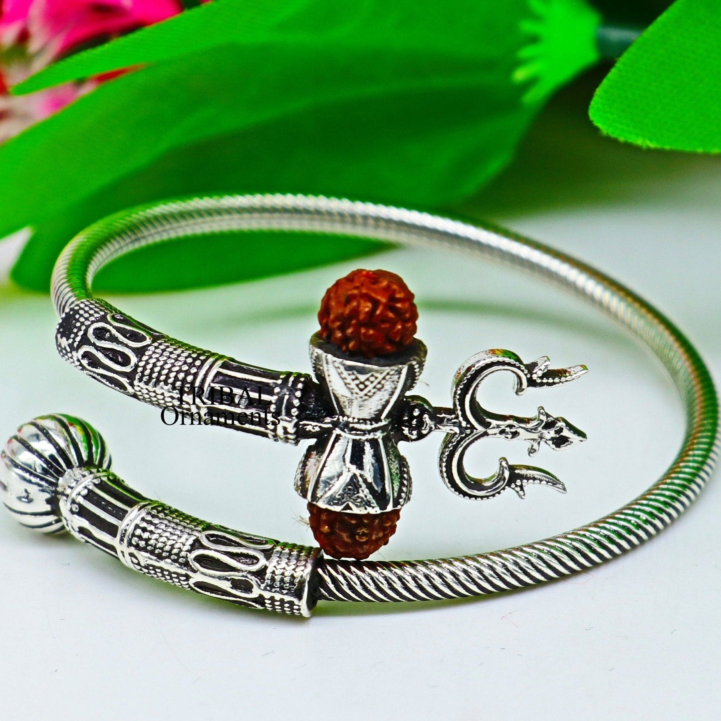 925 sterling silver Lord shiva trident trishool kada bangle bracelet with fabulous natural rudraksha antique jewelry nsk485 - TRIBAL ORNAMENTS