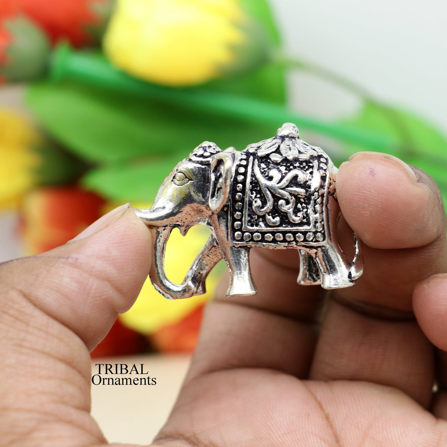 Solid 925 Sterling silver Kandrai work floral design customized Elephant statue, puja article figurine for wealth and prosperity art498 - TRIBAL ORNAMENTS