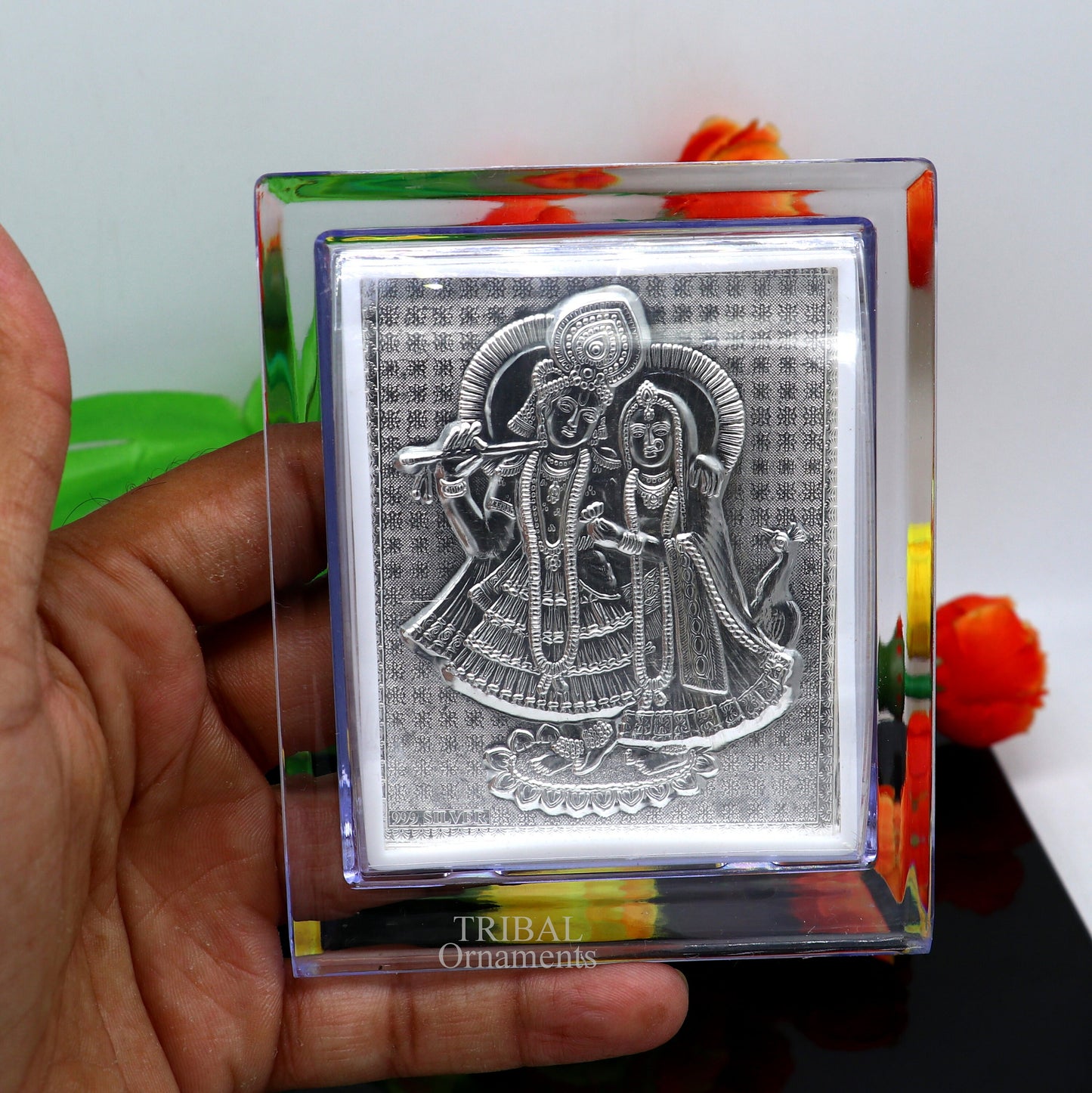 999 fine silver Lord Krishna and Radha frame, best light weight gifting puja article from india su747 - TRIBAL ORNAMENTS