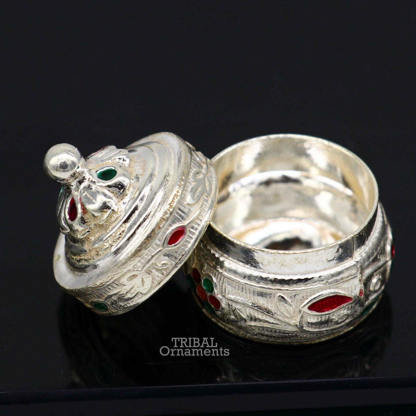 925 sterling silver trinket box, kajal box/casket box bridal enamel jewelry box collection, container box, eyeliner box gifting art stb369 - TRIBAL ORNAMENTS