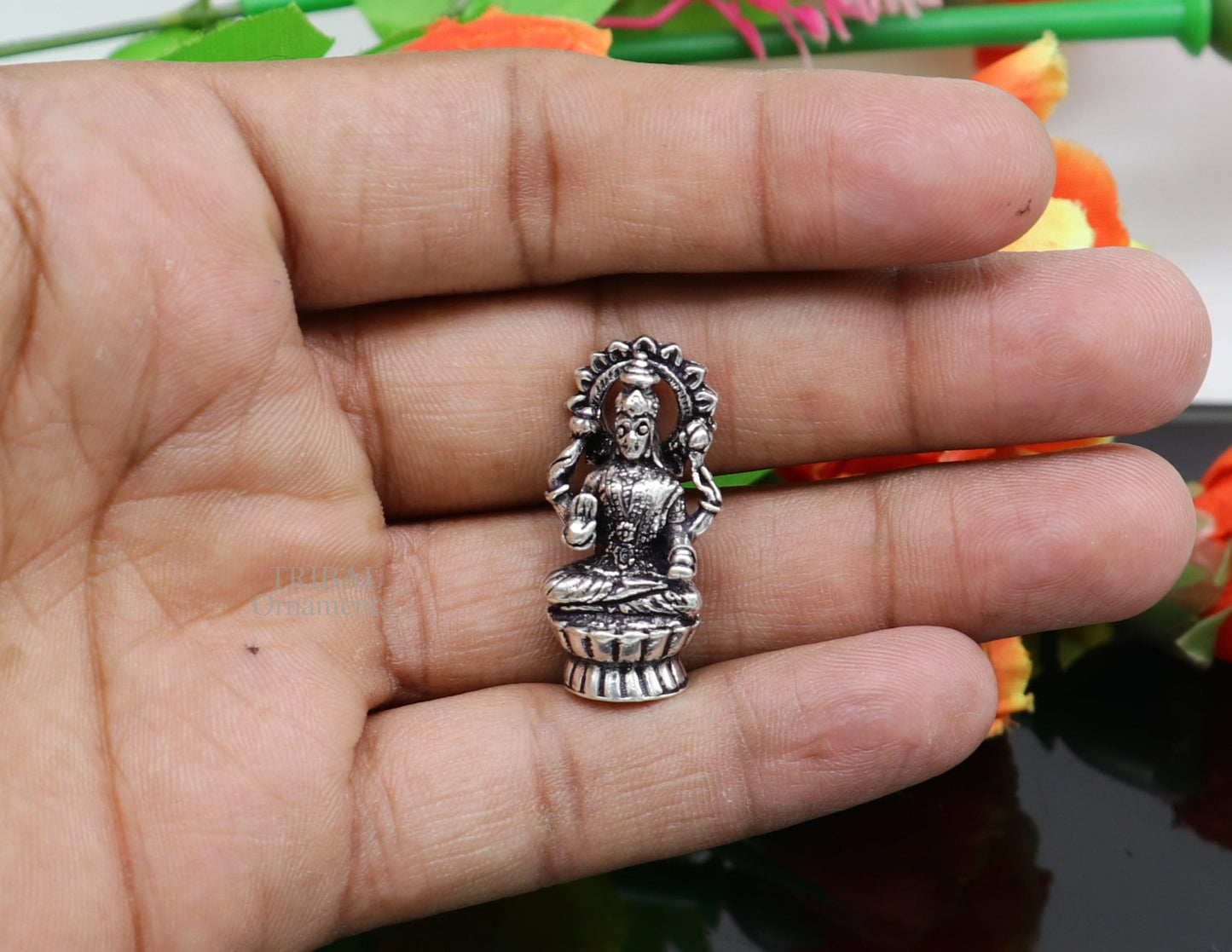 Pure 925 Sterling silver handmade Hindu Goddess Laxmi statue, puja article figurine, home décor Diwali puja articles gifting art509 - TRIBAL ORNAMENTS