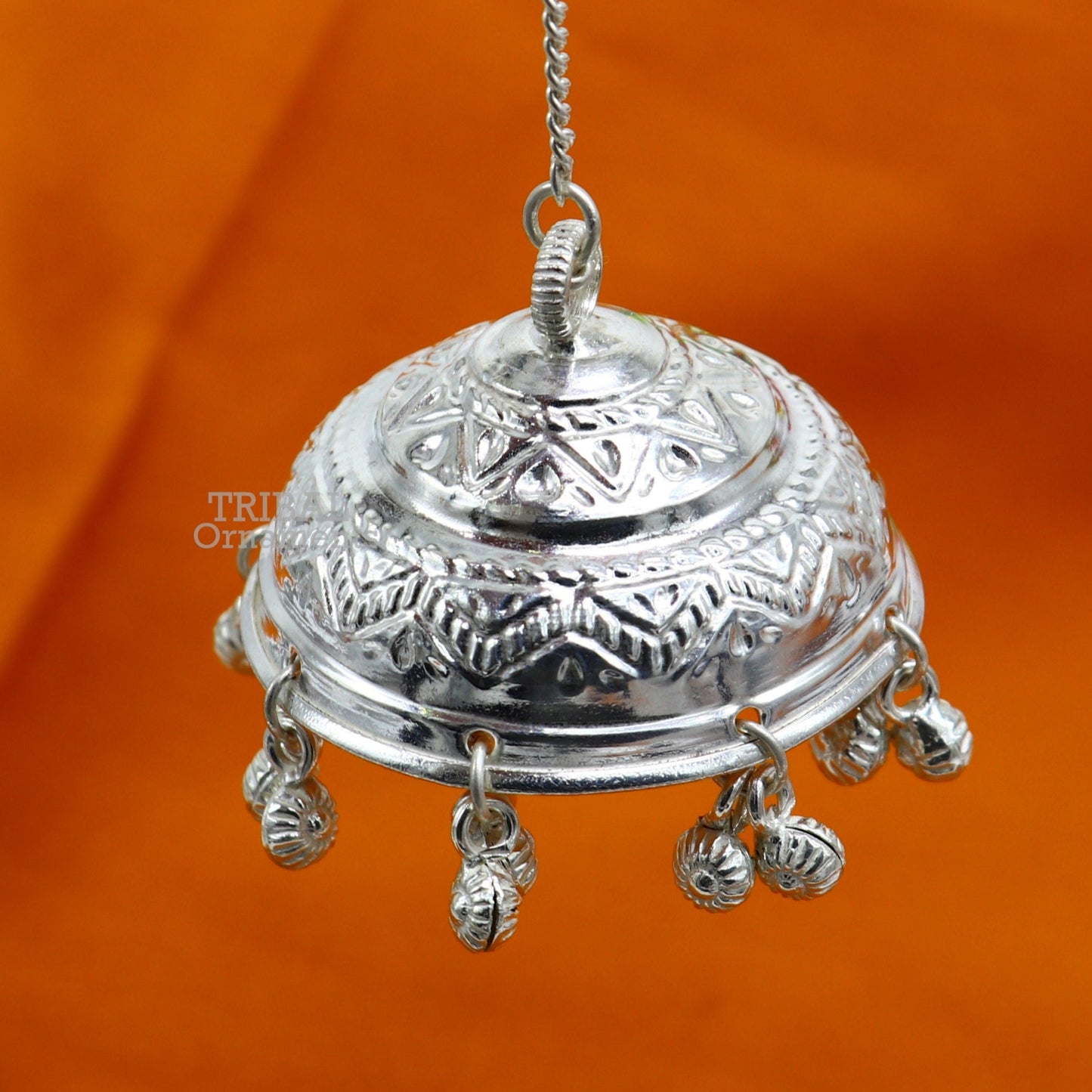 Vintage style handmade sterling silver hindu lord umbrella chhatar chattra with amazing hanging jingle bells. best temple article su752 - TRIBAL ORNAMENTS