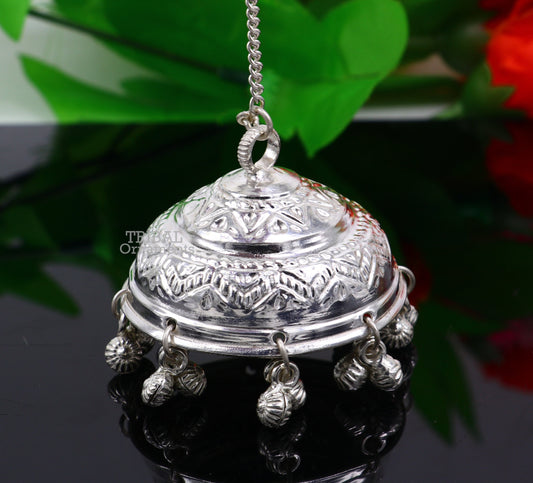 Vintage style handmade sterling silver hindu lord umbrella chhatar chattra with amazing hanging jingle bells. best temple article su752 - TRIBAL ORNAMENTS