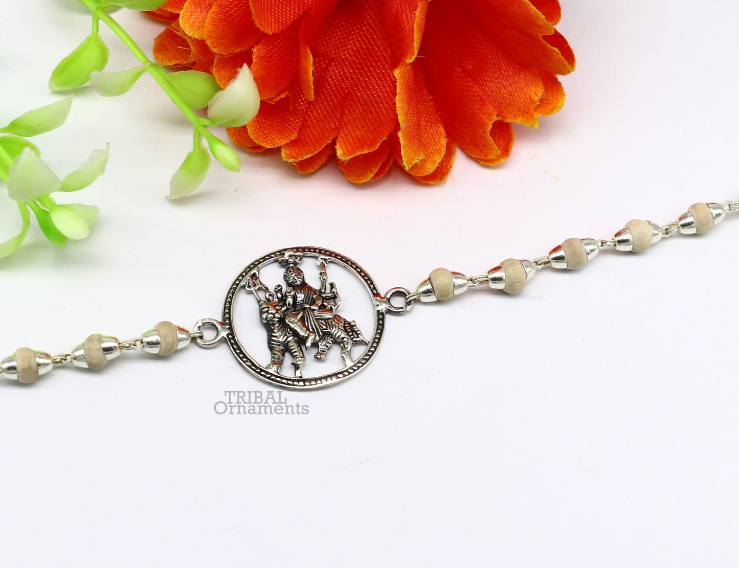 925 Sterling silver divine Durga,bhawani mataji Rakhi bracelet best gift Tulsi beaded goddess Rakhi for brother's for special gifing rk233 - TRIBAL ORNAMENTS