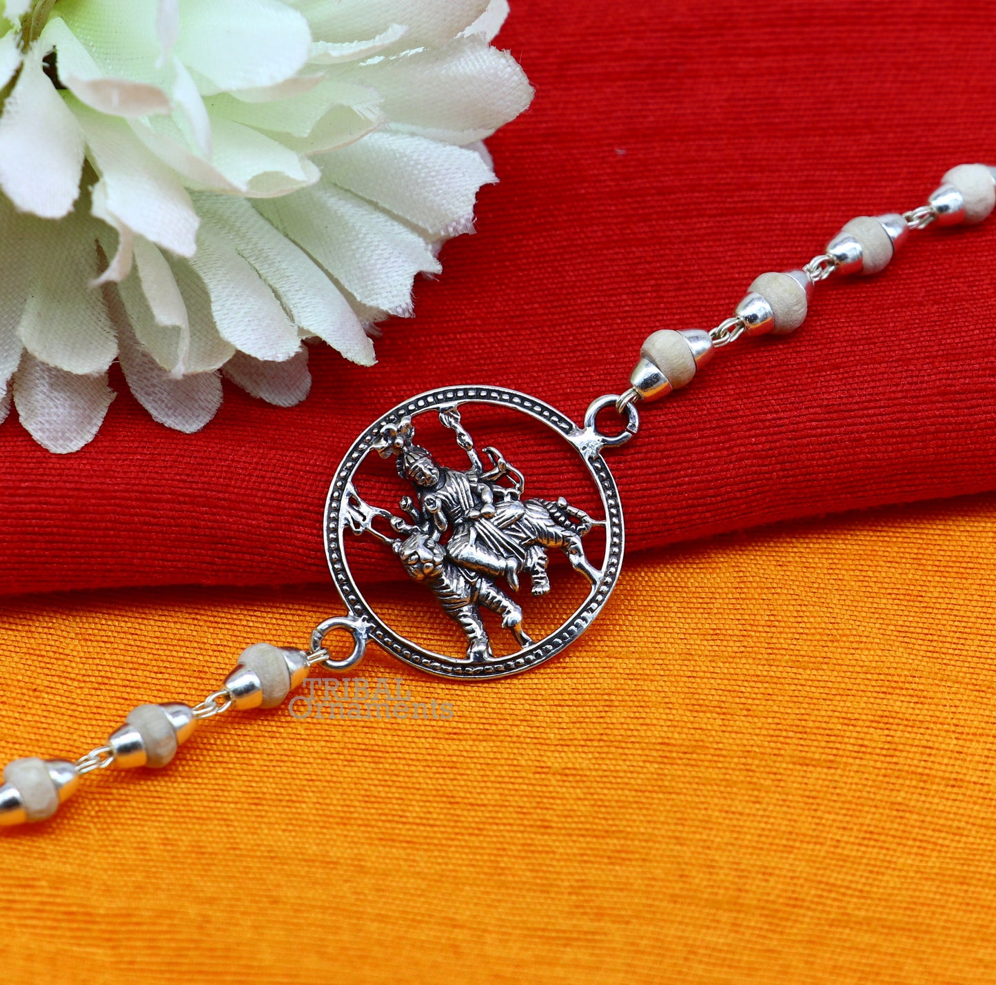 925 Sterling silver divine Durga,bhawani mataji Rakhi bracelet best gift Tulsi beaded goddess Rakhi for brother's for special gifing rk233 - TRIBAL ORNAMENTS