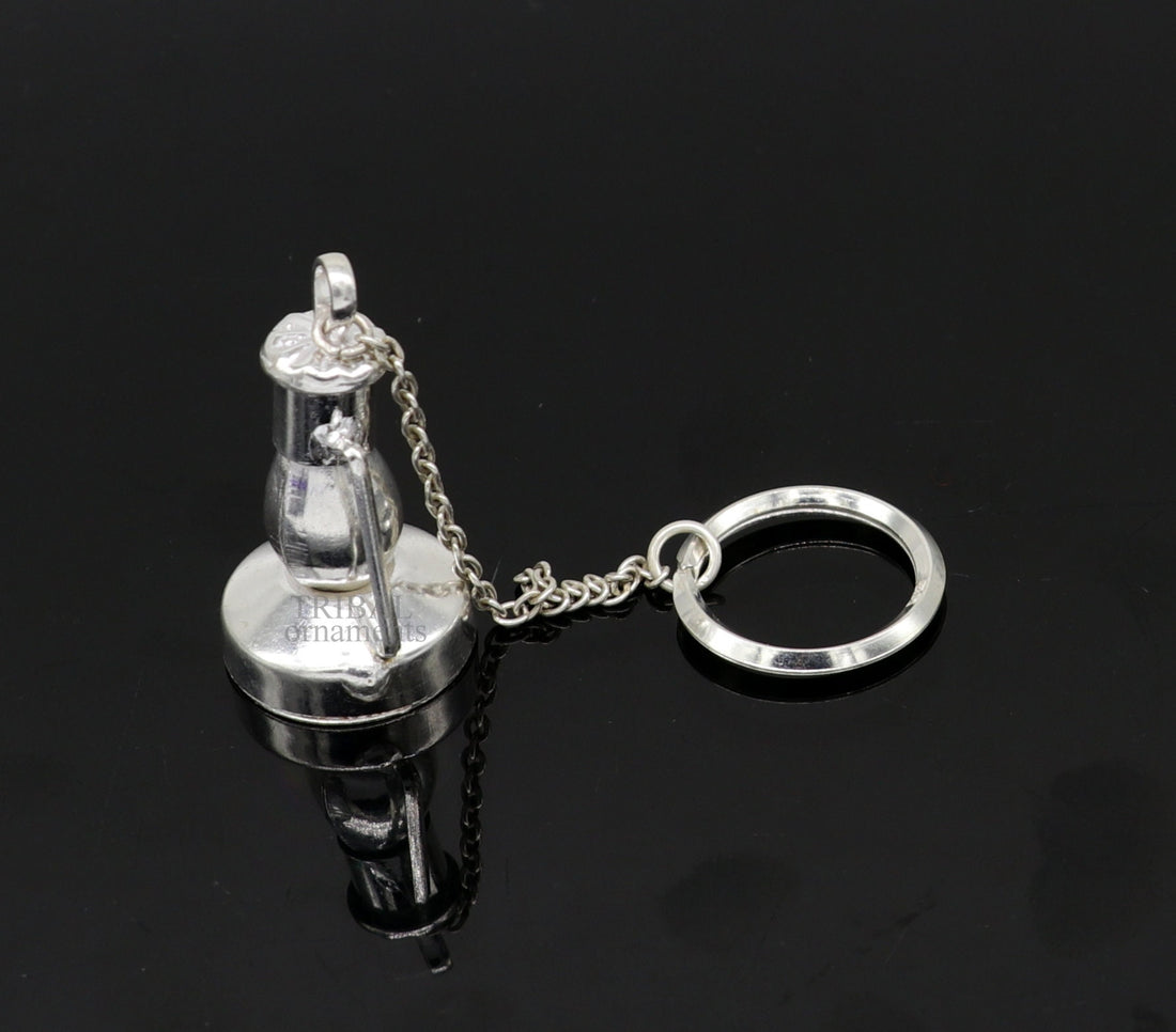 925 Sterling silver handmade vintage oil lamp(hariken) design solid key chain, royal gifting silver accessories unisex gift kch17 - TRIBAL ORNAMENTS