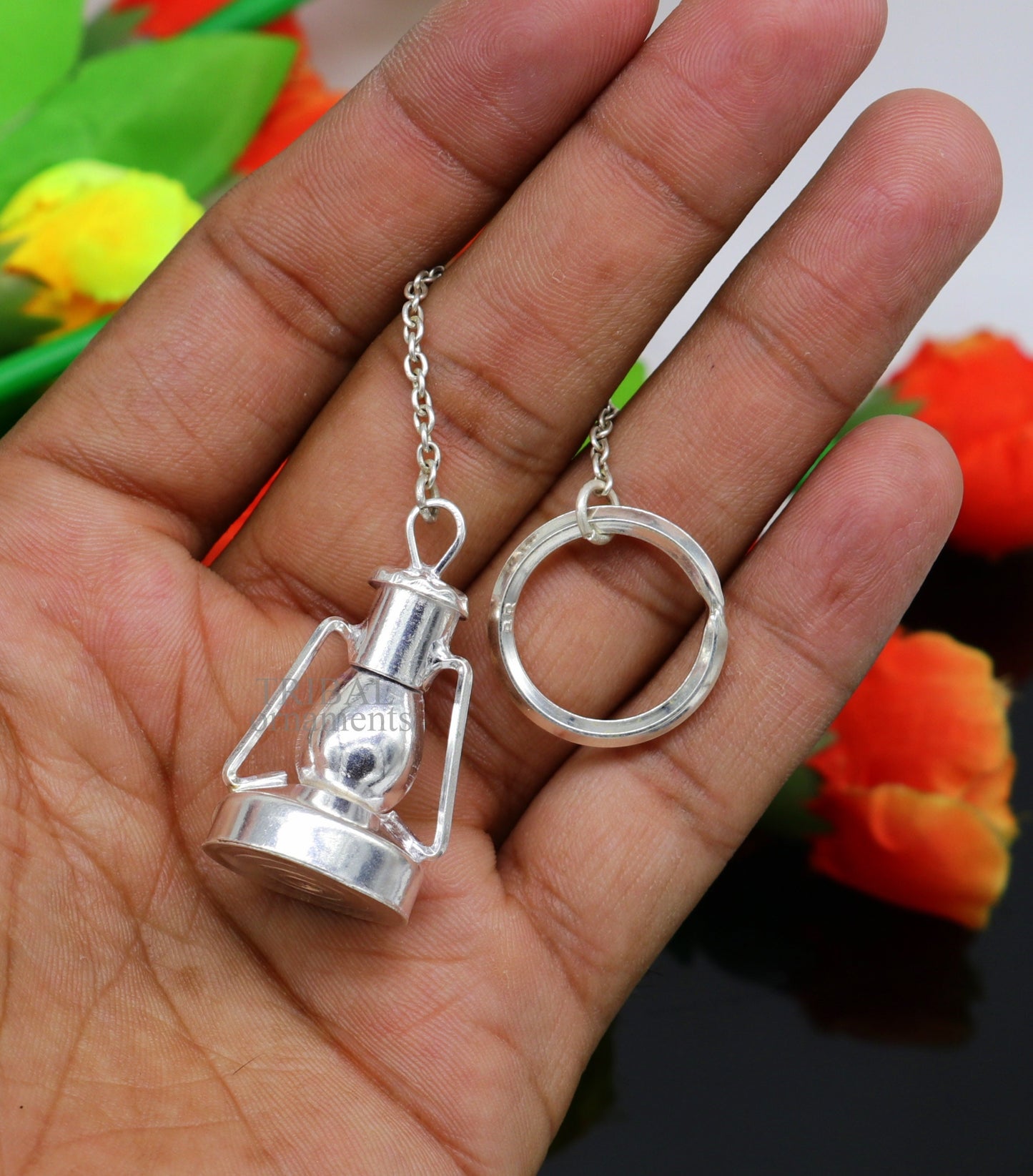 925 Sterling silver handmade vintage oil lamp(hariken) design solid key chain, royal gifting silver accessories unisex gift kch17 - TRIBAL ORNAMENTS