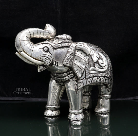 5" 999 fine silver Nakshi work design wooden base upper trunk Elephant statue, puja article figurine, home wealth and prosperity art531 - TRIBAL ORNAMENTS