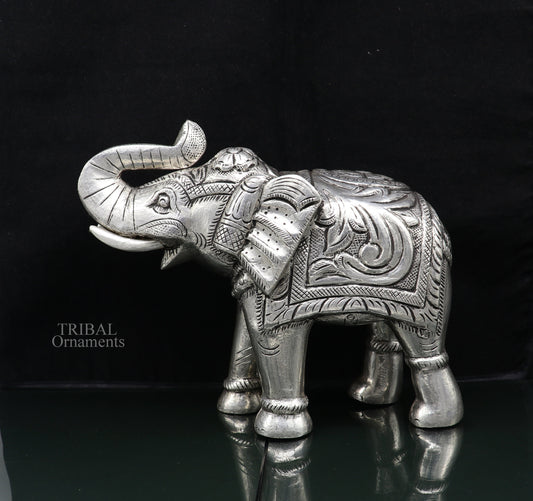6" 999 fine silver handcrafted Nakshi design wooden base upper trunk Elephant statue puja article figurine for wealth & prosperity art532 - TRIBAL ORNAMENTS