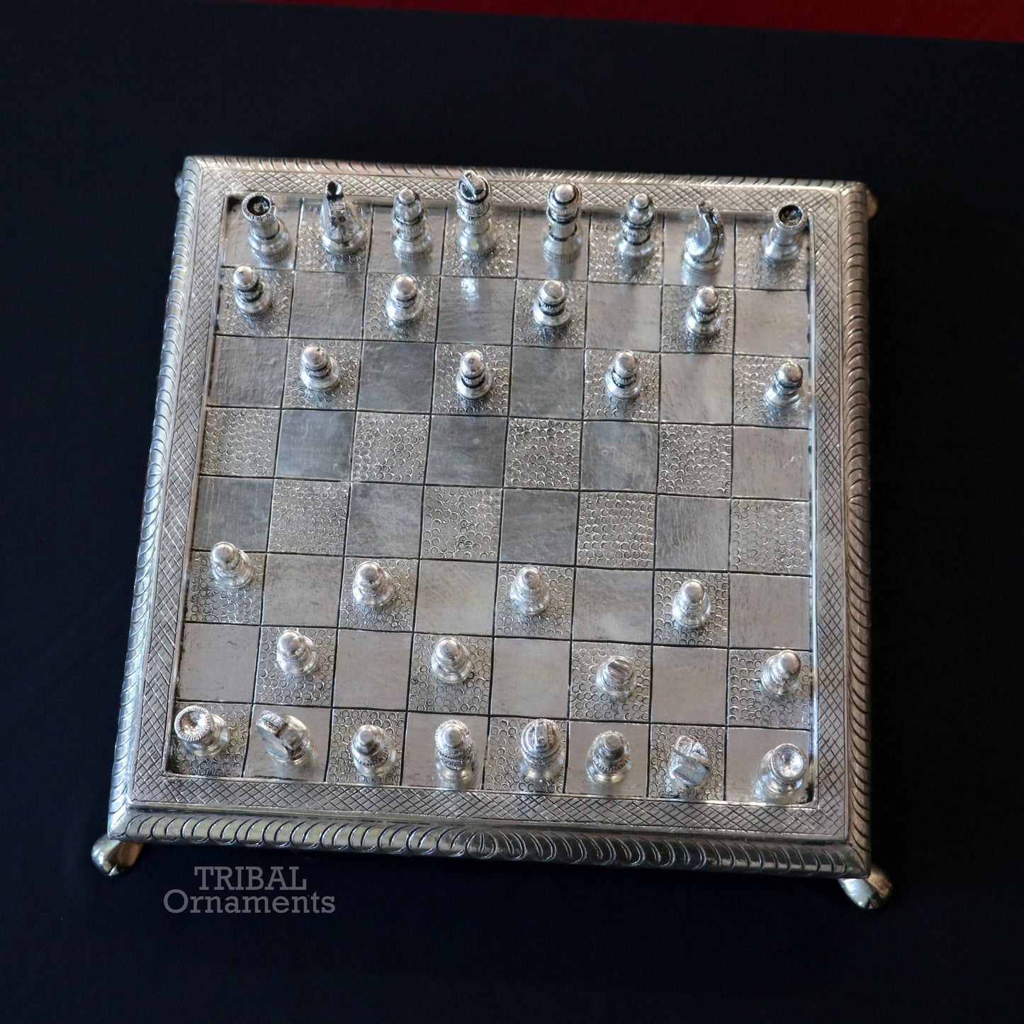 12" x 12" 925 sterling silver work chessboard, Amazing handcrafted design on wooden base, fabulous Royal silver article from india fr13 - TRIBAL ORNAMENTS