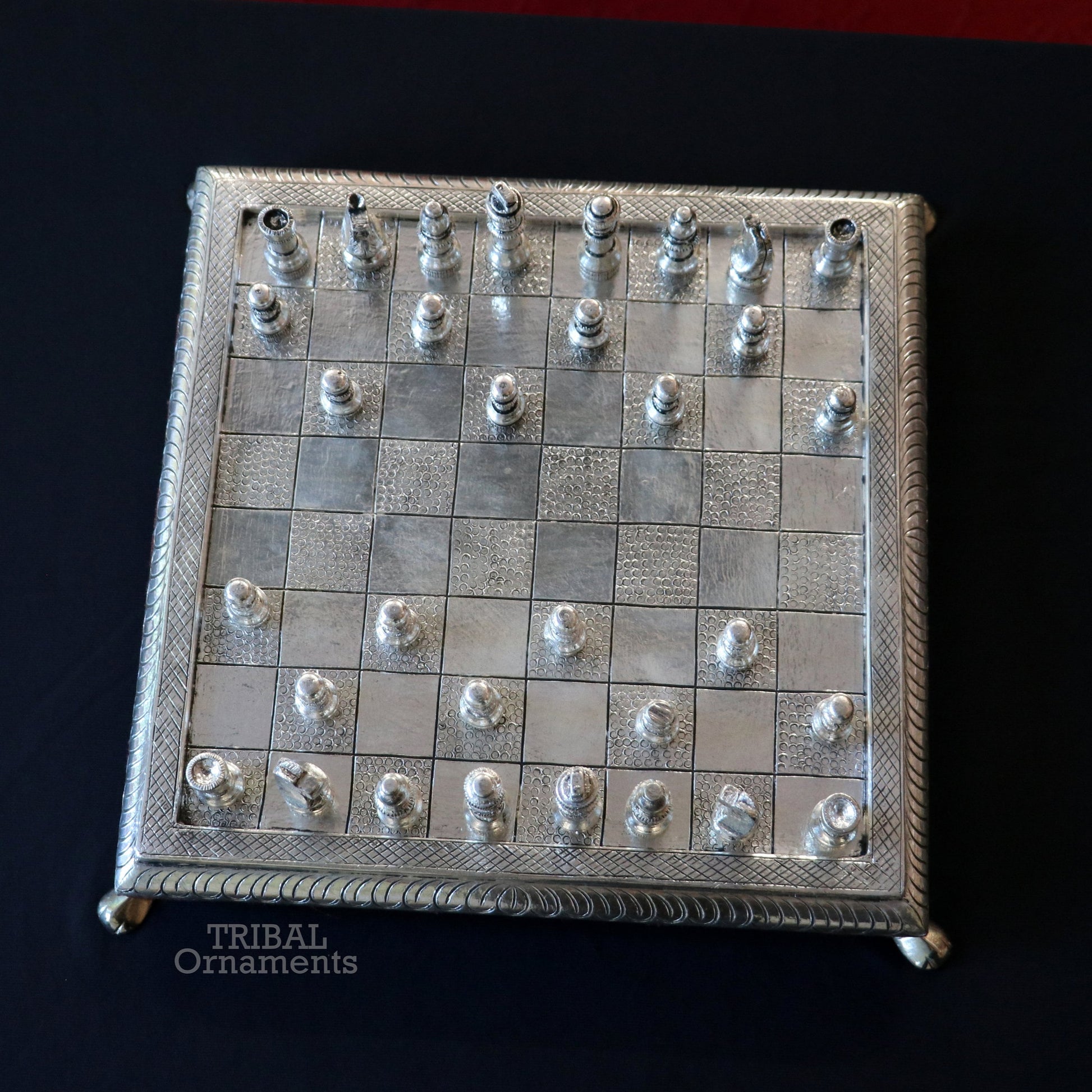 12" x 12" 925 sterling silver work chessboard, Amazing handcrafted design on wooden base, fabulous Royal silver article from india fr13 - TRIBAL ORNAMENTS