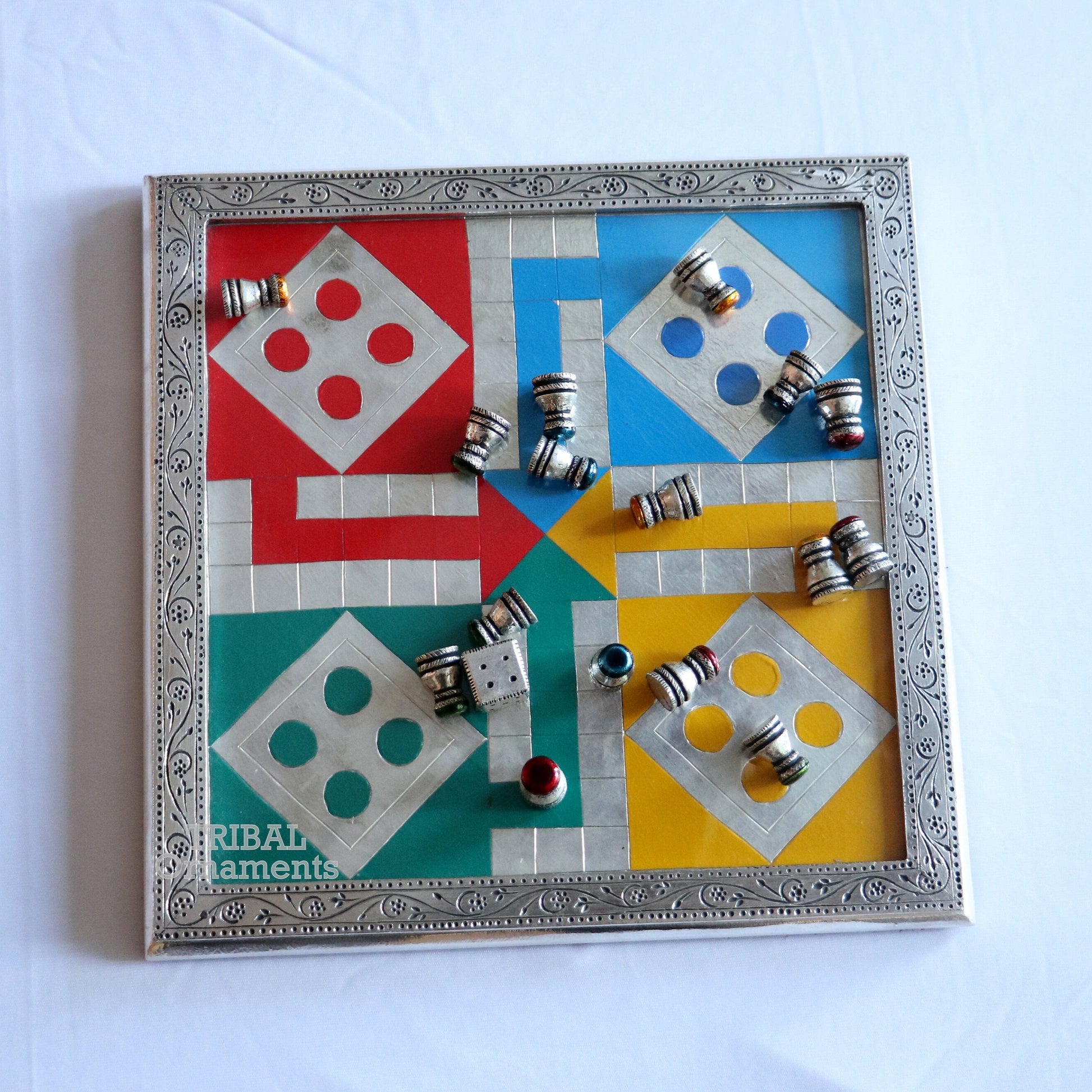 925 sterling silver handcrafted work LUDO Game board, Amazing handcrafted design on wooden base, fabulous Royal silver article gift fr14 - TRIBAL ORNAMENTS
