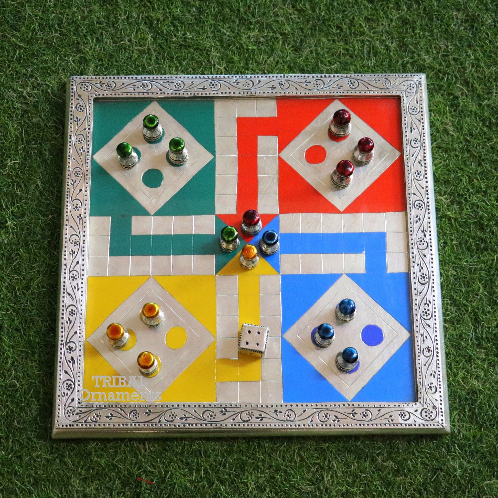 925 sterling silver handcrafted work LUDO Game board, Amazing handcrafted design on wooden base, fabulous Royal silver article gift fr14 - TRIBAL ORNAMENTS
