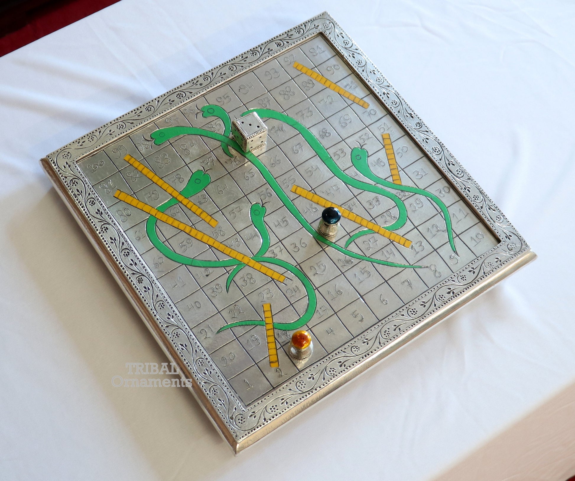 925 sterling silver handcrafted solid silver work snake and ladders game wooden base board, amazing vintage style classical games sf16 - TRIBAL ORNAMENTS