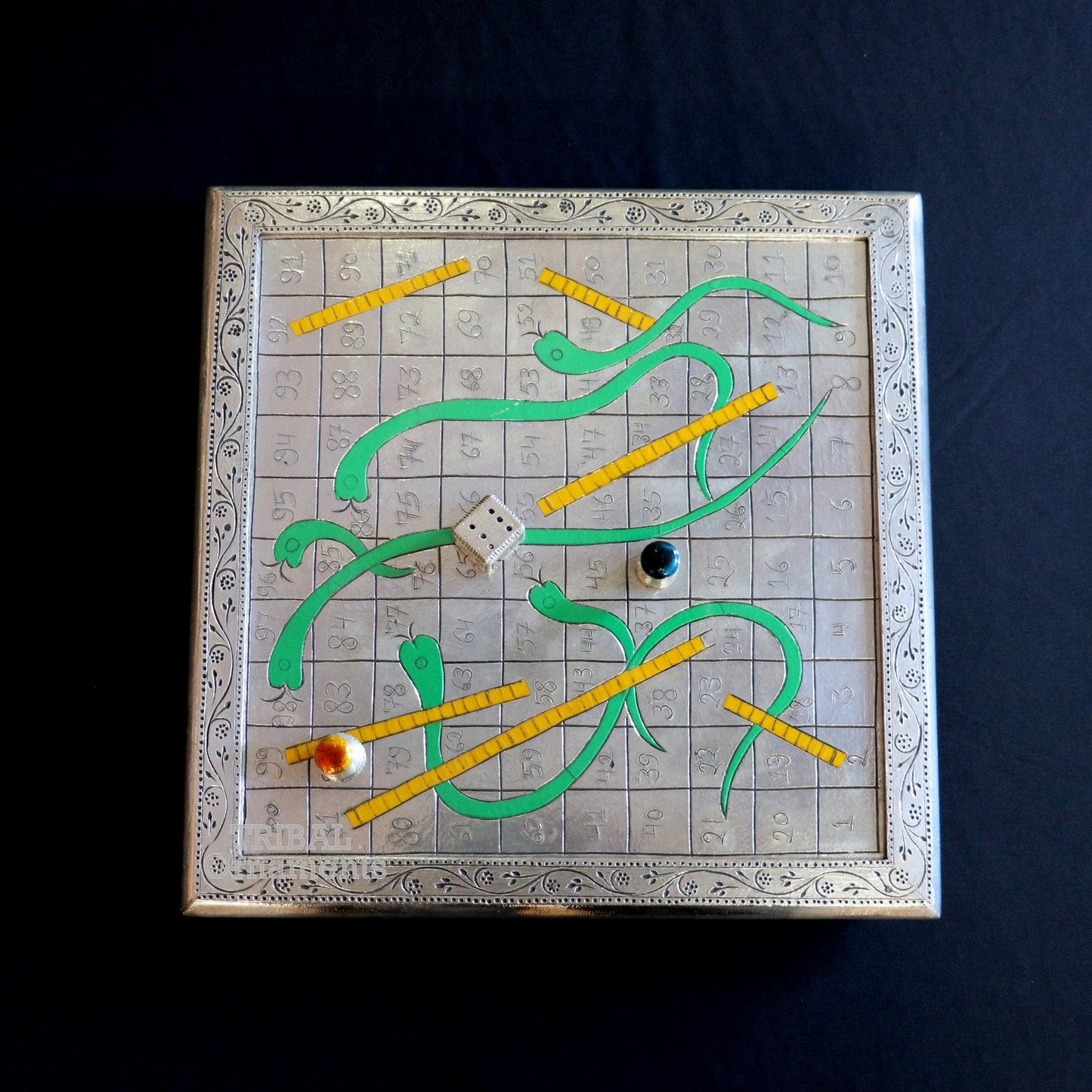 925 sterling silver handcrafted solid silver work snake and ladders game wooden base board, amazing vintage style classical games sf16 - TRIBAL ORNAMENTS