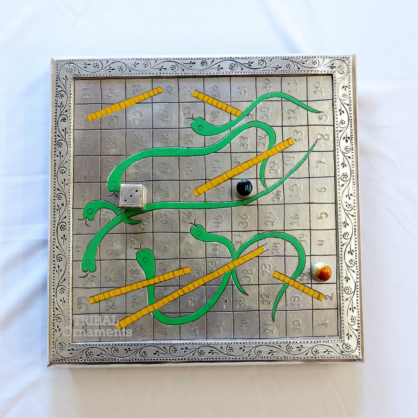 925 sterling silver handcrafted solid silver work snake and ladders game wooden base board, amazing vintage style classical games sf16 - TRIBAL ORNAMENTS