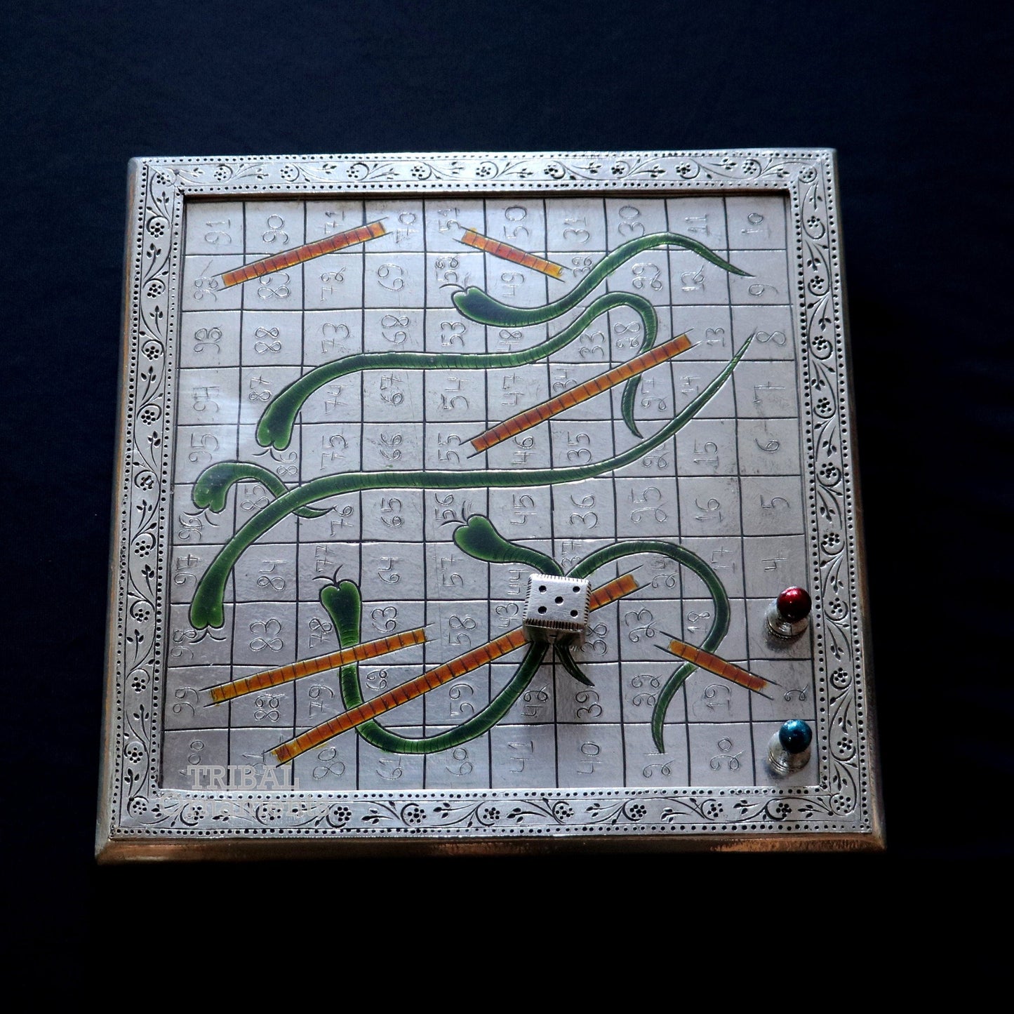 925 sterling silver handcrafted solid silver work snake and ladders game wooden base board, amazing vintage style classical games sf17 - TRIBAL ORNAMENTS