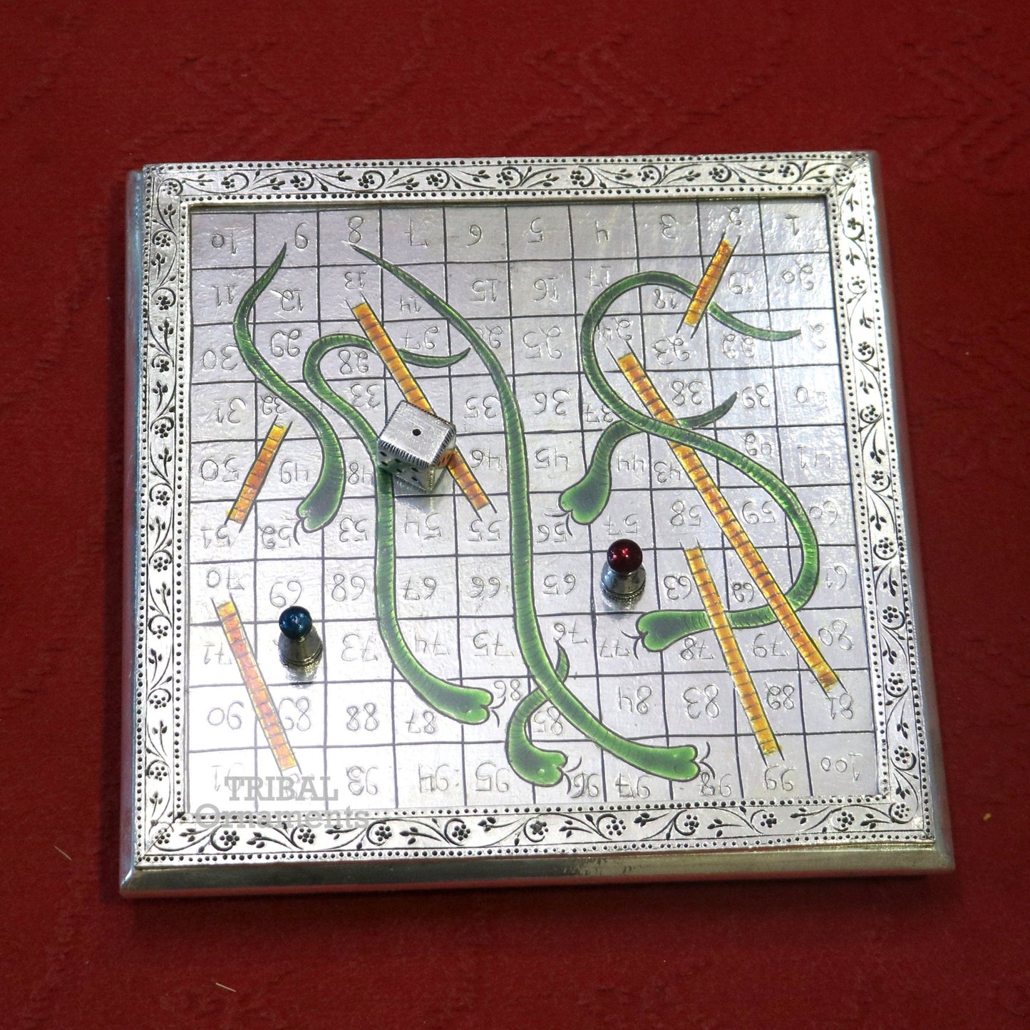 925 sterling silver handcrafted solid silver work snake and ladders game wooden base board, amazing vintage style classical games sf17 - TRIBAL ORNAMENTS