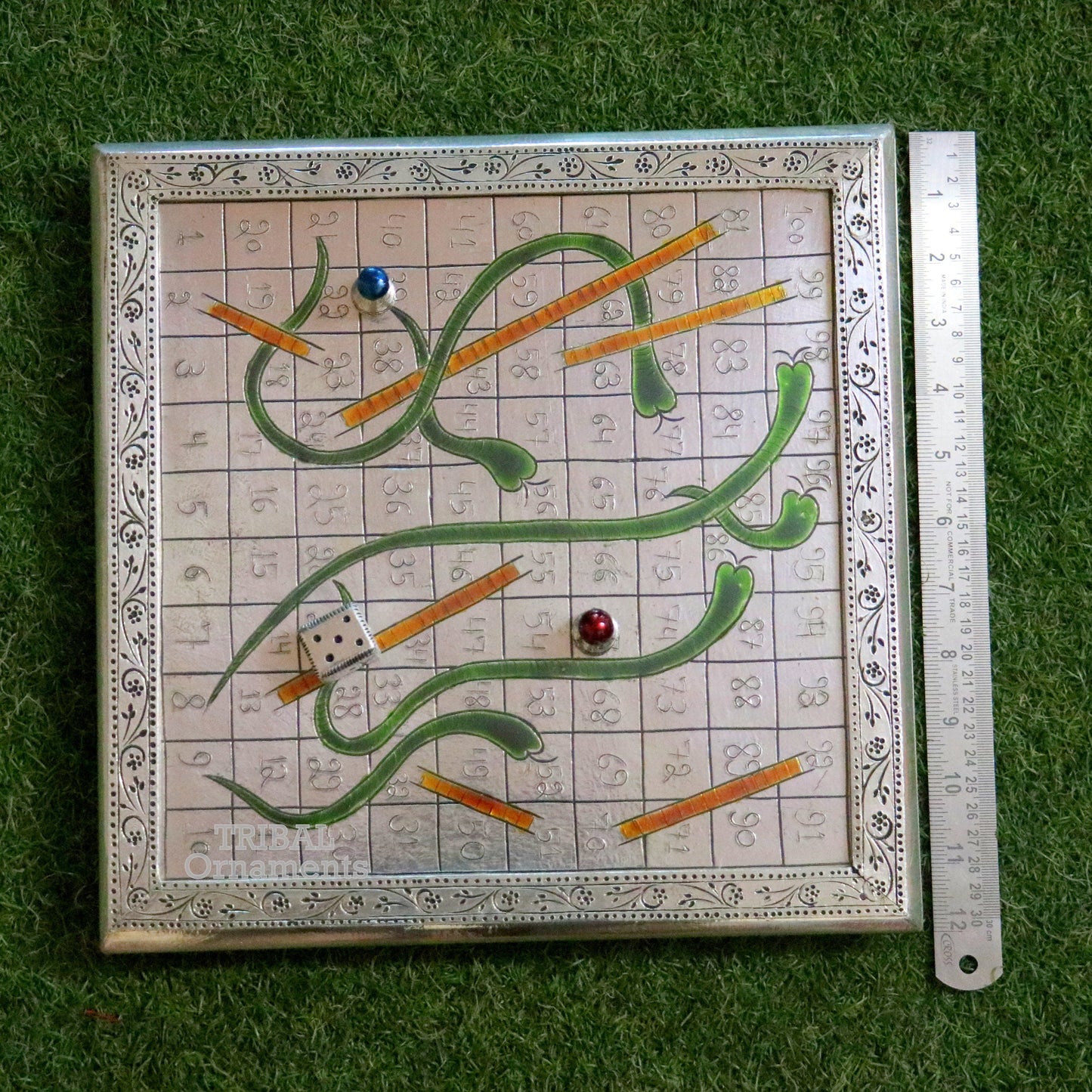 925 sterling silver handcrafted solid silver work snake and ladders game wooden base board, amazing vintage style classical games sf17 - TRIBAL ORNAMENTS