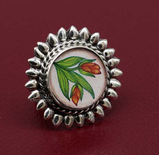 925 sterling silver adjustable ring band with fabulous flower painting ring unisex India jewelry ring505 - TRIBAL ORNAMENTS