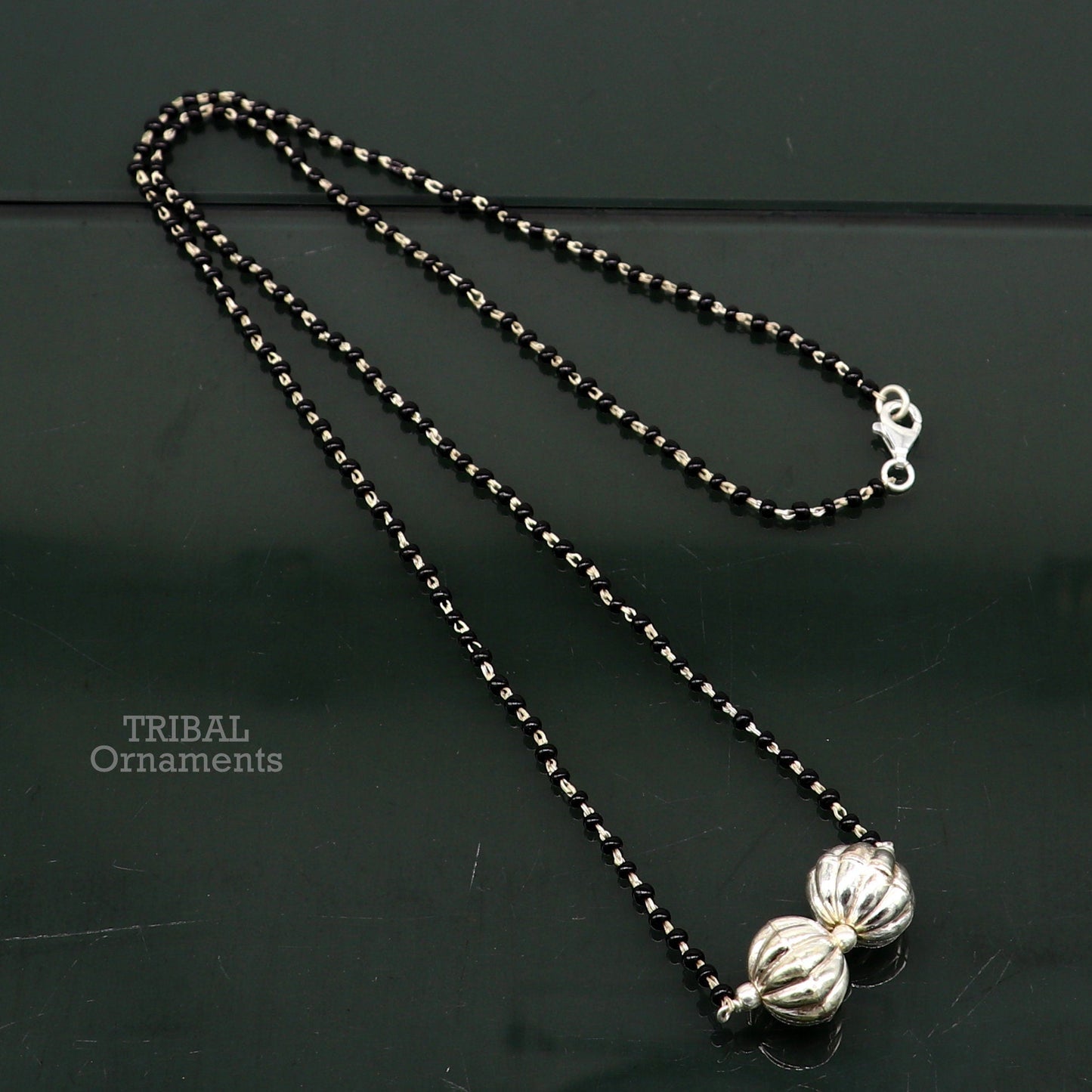 Pure 925 sterling silver black beads chain necklace, vintage ball pendant, traditional style brides Mangalsutra necklace set445 - TRIBAL ORNAMENTS