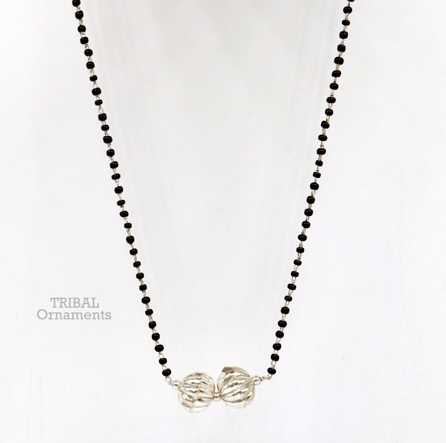 Pure 925 sterling silver black beads chain necklace, vintage ball pendant, traditional style brides Mangalsutra necklace set445 - TRIBAL ORNAMENTS