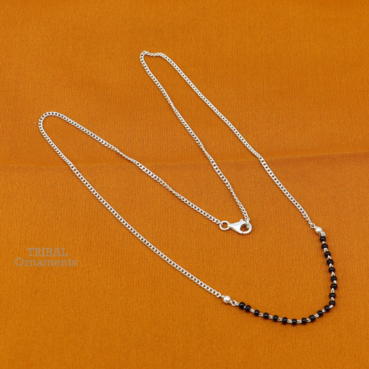 Pure 925 sterling silver black beads with Cuban chain necklace, traditional style brides Mangalsutra style chain necklace set447 - TRIBAL ORNAMENTS