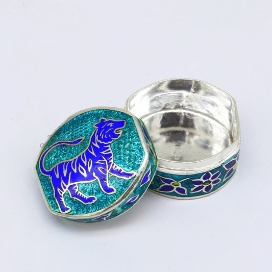 925 sterling silver trinket box, kajal box/casket box brides collection, lion enamel design container box, eyeliner box gifting stb366 - TRIBAL ORNAMENTS