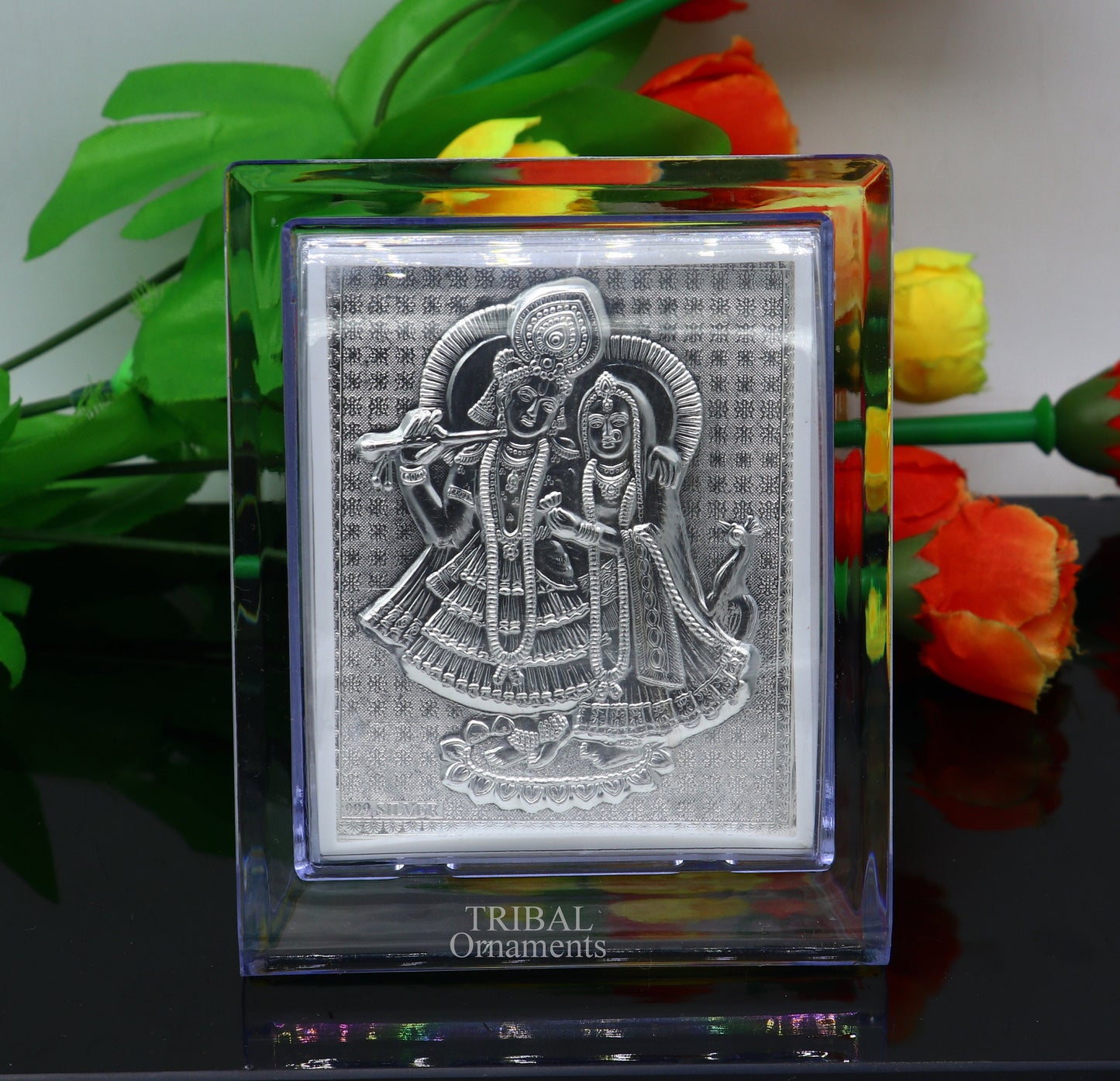 999 fine silver Lord Krishna and Radha frame, best light weight gifting puja article from india su747 - TRIBAL ORNAMENTS