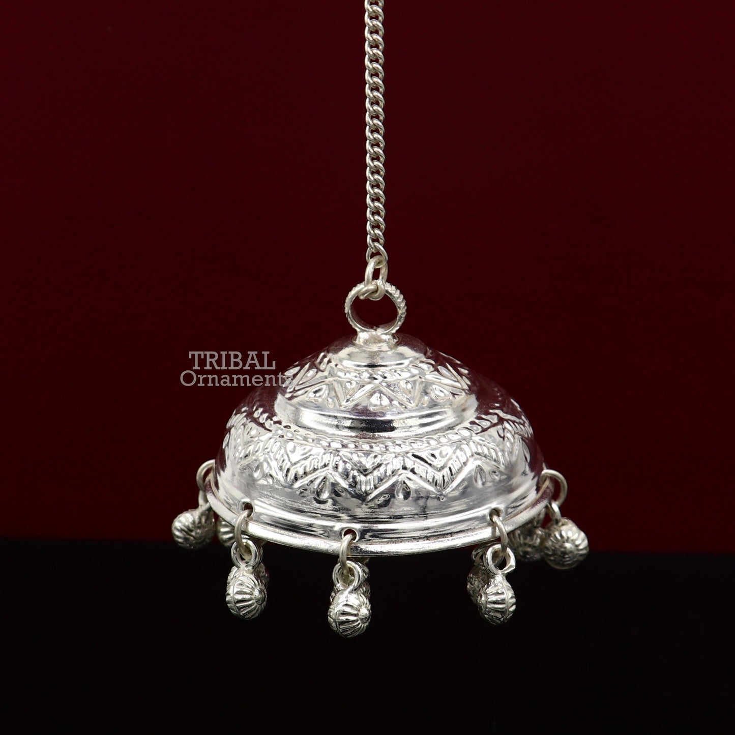 Vintage style handmade sterling silver hindu lord umbrella chhatar chattra with amazing hanging jingle bells. best temple article su752 - TRIBAL ORNAMENTS