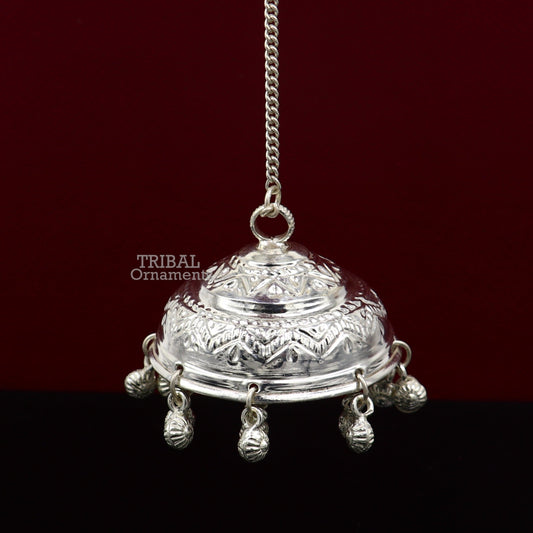 Vintage style handmade sterling silver hindu lord umbrella chhatar chattra with amazing hanging jingle bells. best temple article su752 - TRIBAL ORNAMENTS