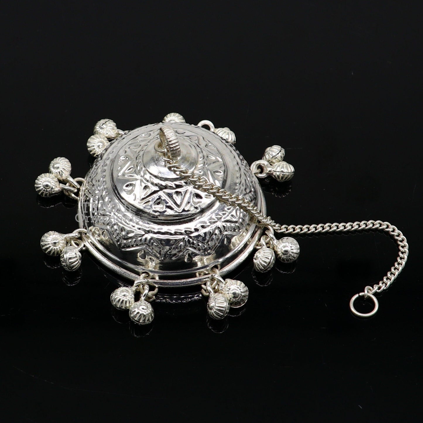 Vintage style handmade sterling silver hindu lord umbrella chhatar chattra with amazing hanging jingle bells. best temple article su752 - TRIBAL ORNAMENTS