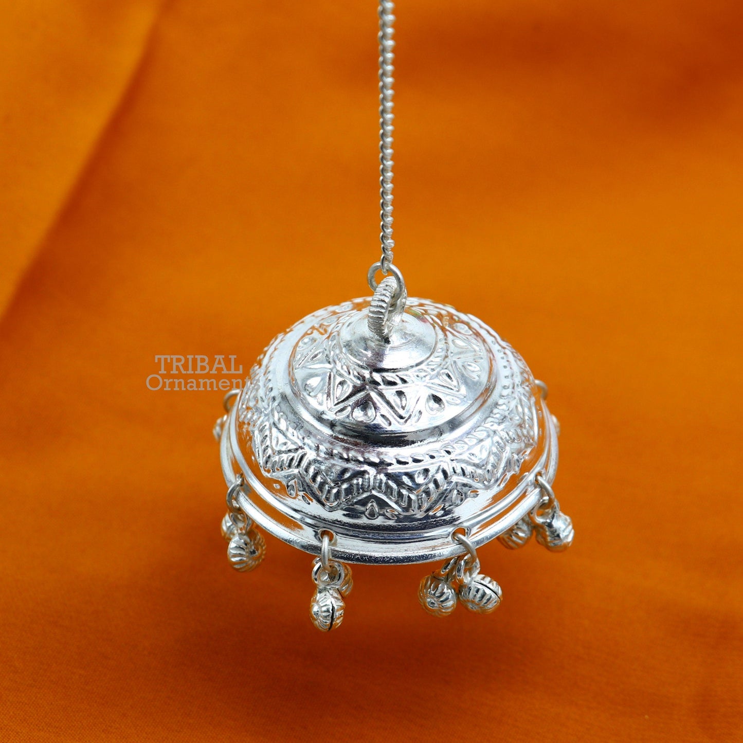 Vintage style handmade sterling silver hindu lord umbrella chhatar chattra with amazing hanging jingle bells. best temple article su752 - TRIBAL ORNAMENTS