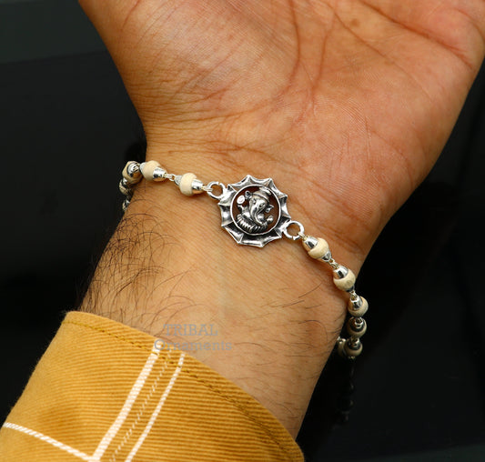 Holy basil rosary 925 sterling silver handmade lord Ganesha design Rakhi bracelet amazing brother bracelet, use as daily use jewelry rk218 - TRIBAL ORNAMENTS
