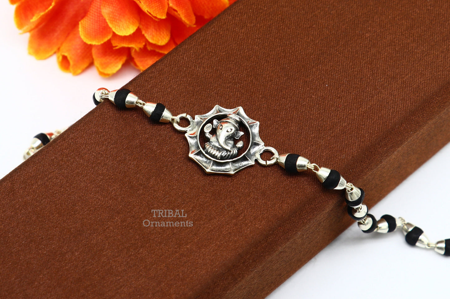 Holy basil rosary 925 sterling silver handmade lord Ganesha design Rakhi bracelet amazing brother bracelet, use as daily use jewelry rk218 - TRIBAL ORNAMENTS