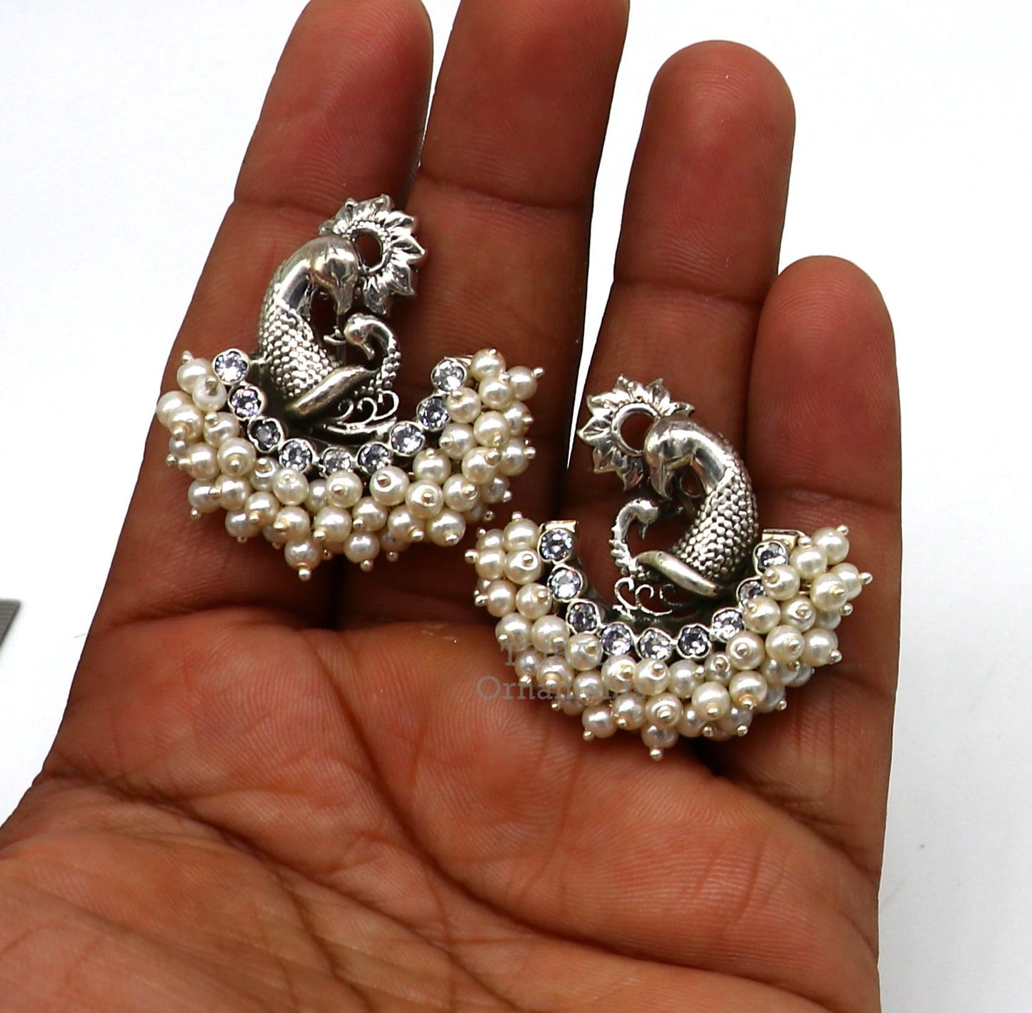 925 sterling silver handmade gorgeous peacock design stud earring with gorgeous cut stone and pearl customized earring tribal jewelry s1033 - TRIBAL ORNAMENTS