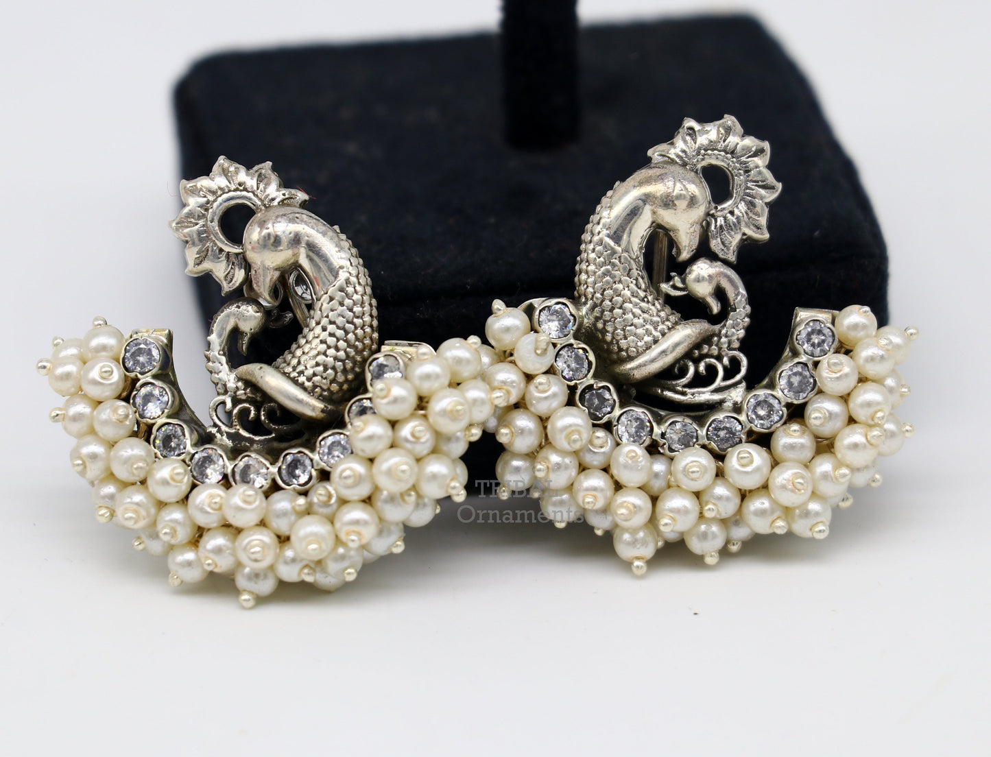 925 sterling silver handmade gorgeous peacock design stud earring with gorgeous cut stone and pearl customized earring tribal jewelry s1033 - TRIBAL ORNAMENTS
