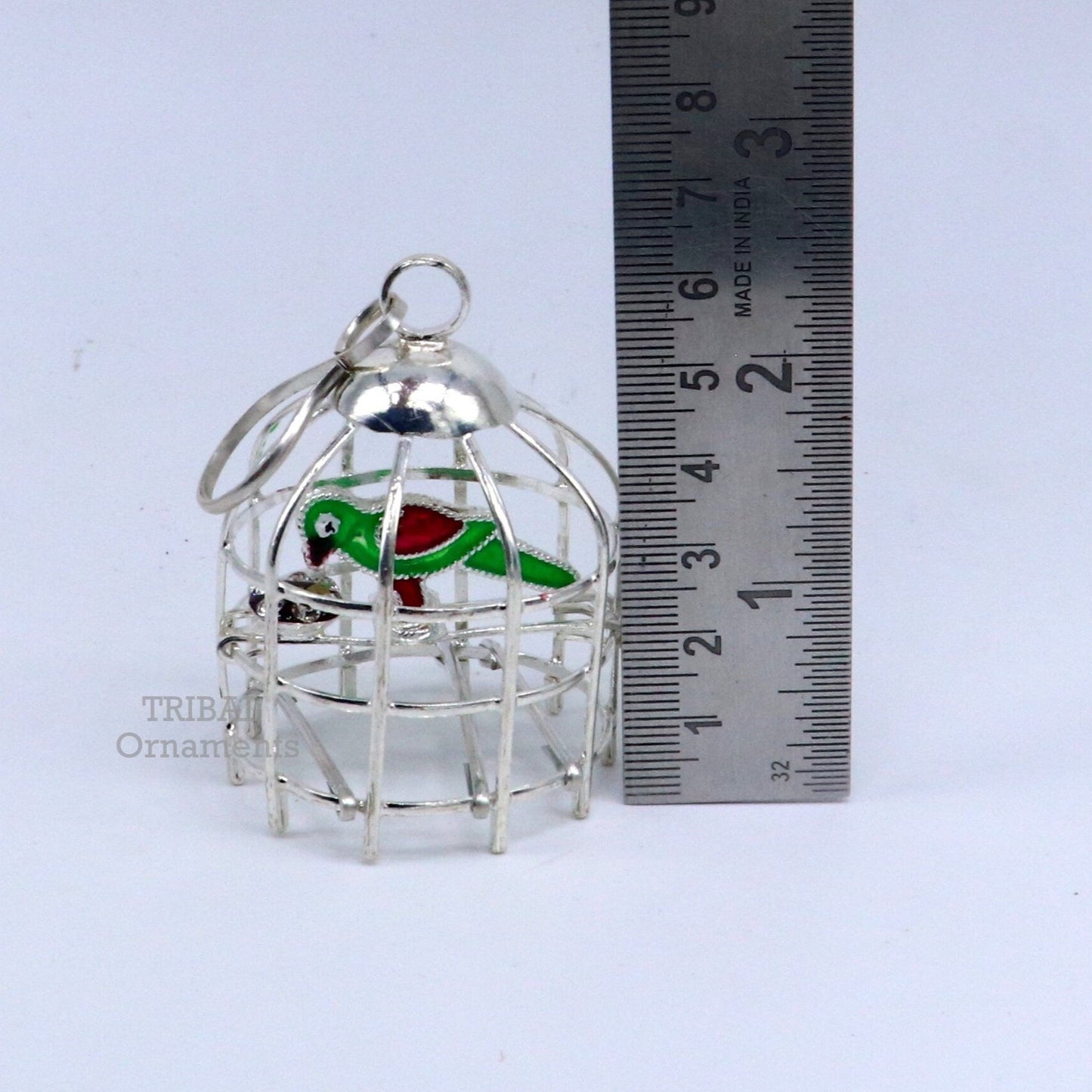 Solid sterling silver handmade toy for idol krishna, silver parrot and cage, silver article for gifting to God or idol Krishna su767 - TRIBAL ORNAMENTS