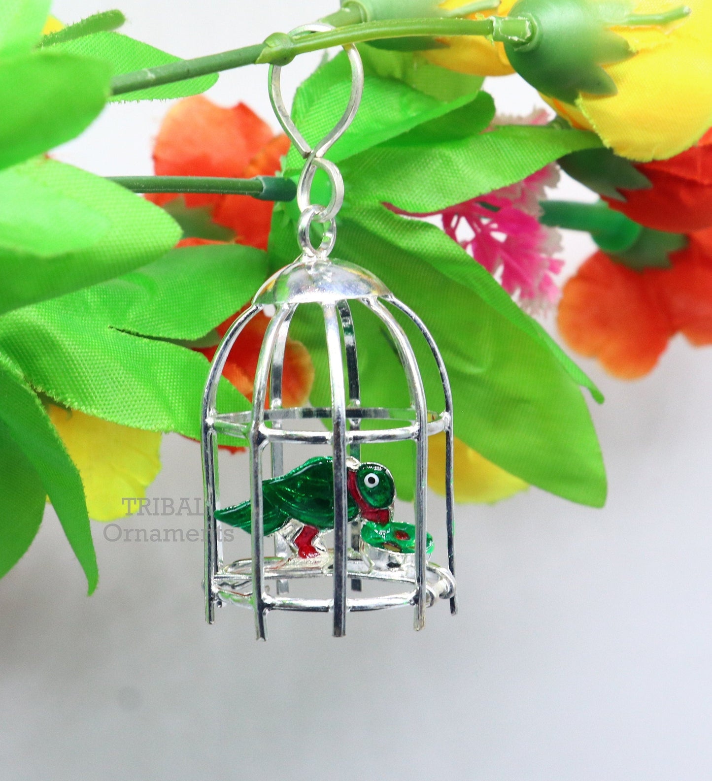 Solid sterling silver handmade toy for idol krishna, silver parrot and cage, silver article for gifting to God or idol Krishna su768 - TRIBAL ORNAMENTS