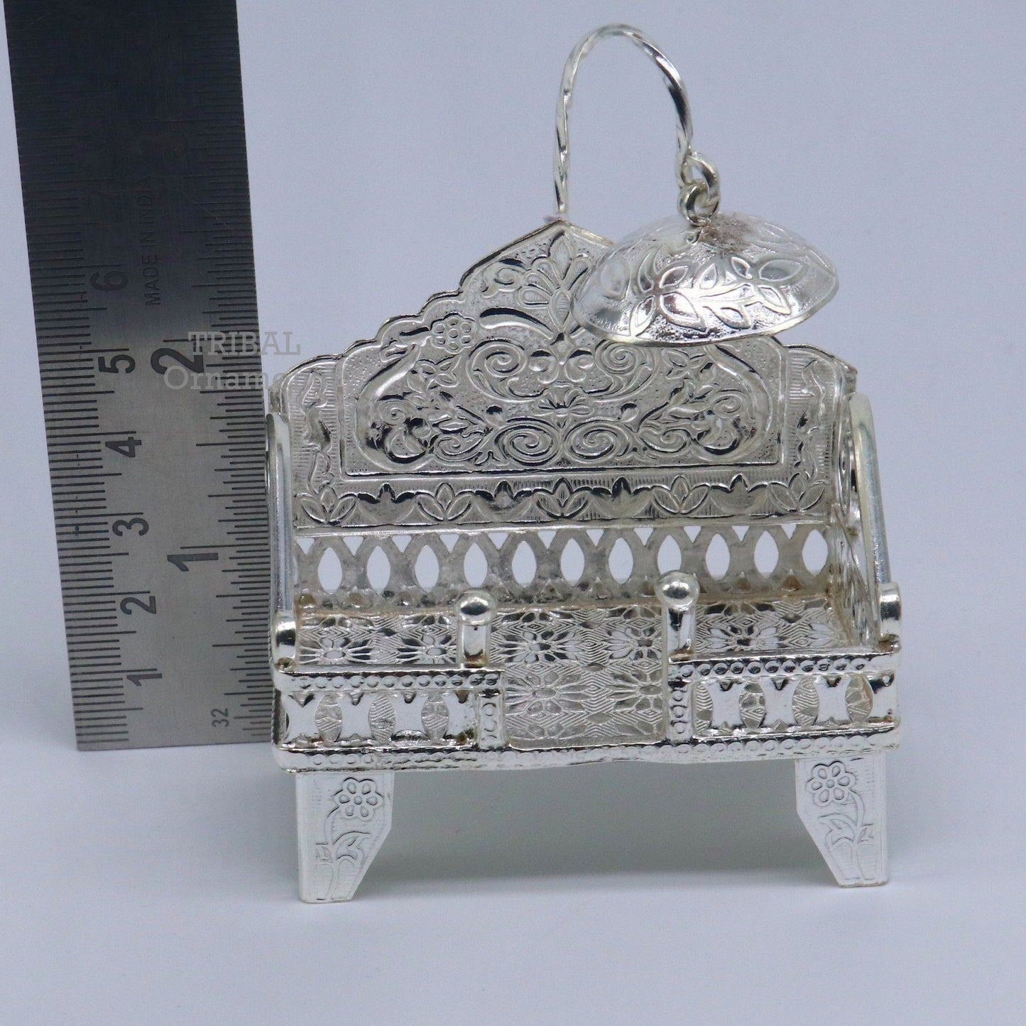925 pure sterling silver handcrafted small singhasan, idol krishna Bal Gopala throne, god statue's stand chair, temple puja article su782 - TRIBAL ORNAMENTS