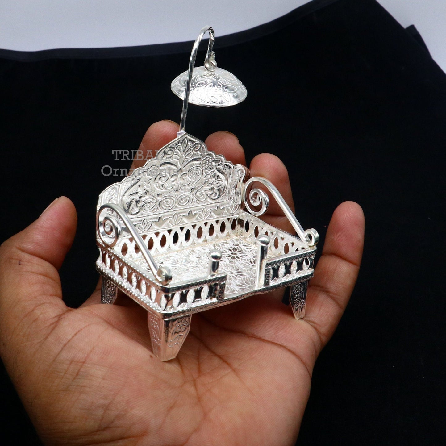 925 pure sterling silver handcrafted small singhasan, idol krishna Bal Gopala throne, god statue's stand chair, temple puja article su782 - TRIBAL ORNAMENTS
