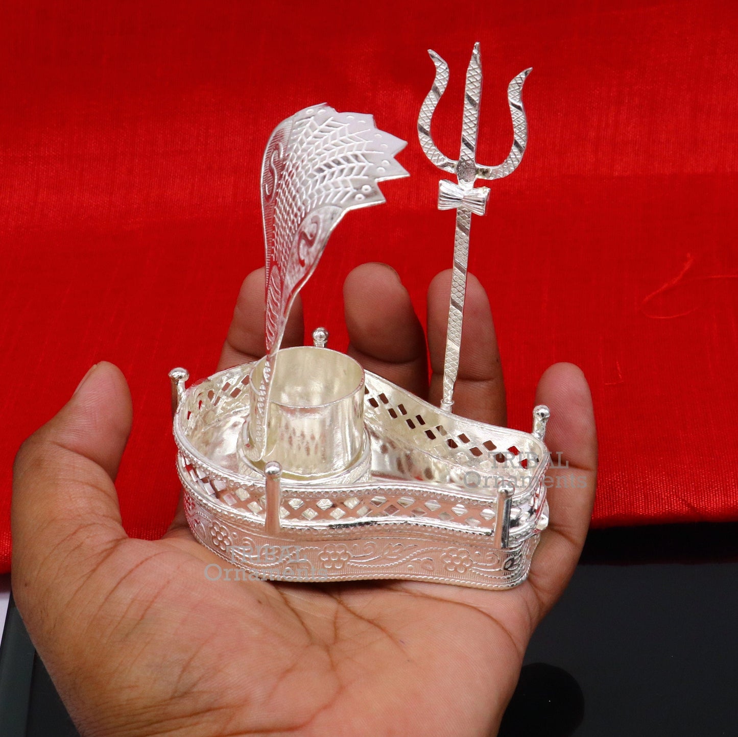 925 sterling silver handmade lord shiva lingam stand/ jalheri with panchmukhi snake (5 face snake) and trident mahakal lingam stand su787 - TRIBAL ORNAMENTS