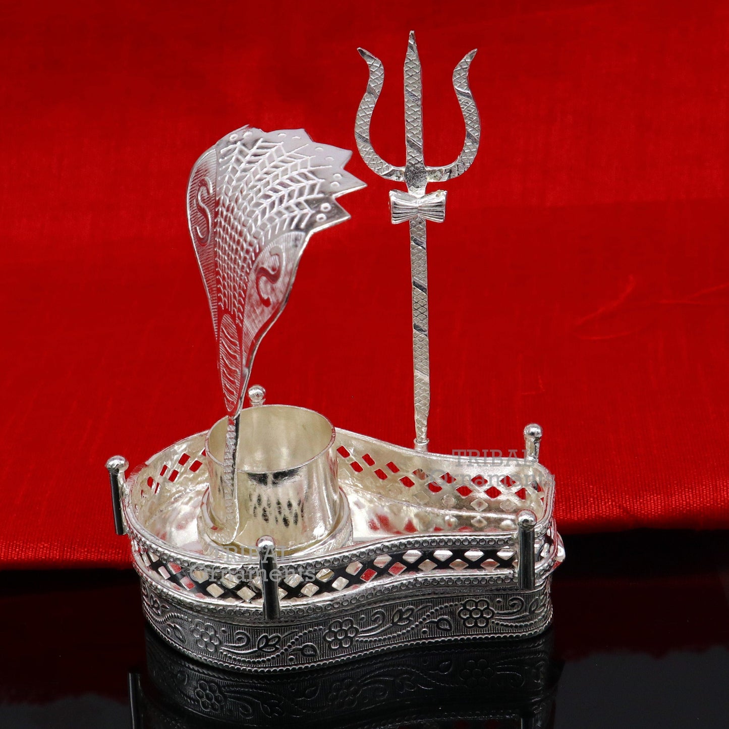925 sterling silver handmade lord shiva lingam stand/ jalheri with panchmukhi snake (5 face snake) and trident mahakal lingam stand su787 - TRIBAL ORNAMENTS