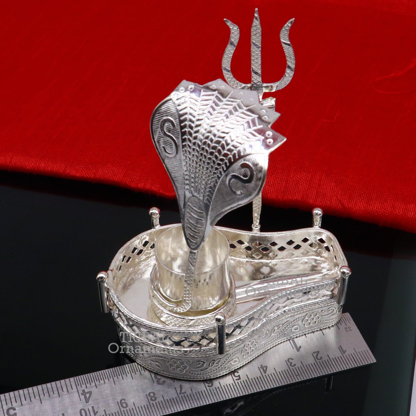 925 sterling silver handmade lord shiva lingam stand/ jalheri with panchmukhi snake (5 face snake) and trident mahakal lingam stand su787 - TRIBAL ORNAMENTS