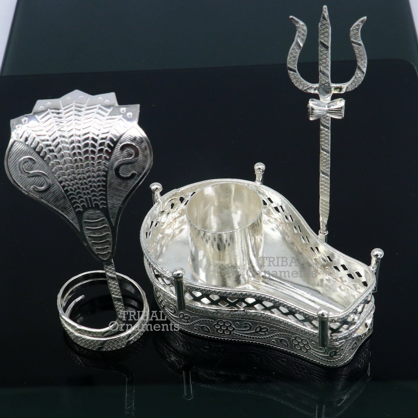 925 sterling silver handmade lord shiva lingam stand/ jalheri with panchmukhi snake (5 face snake) and trident mahakal lingam stand su787 - TRIBAL ORNAMENTS